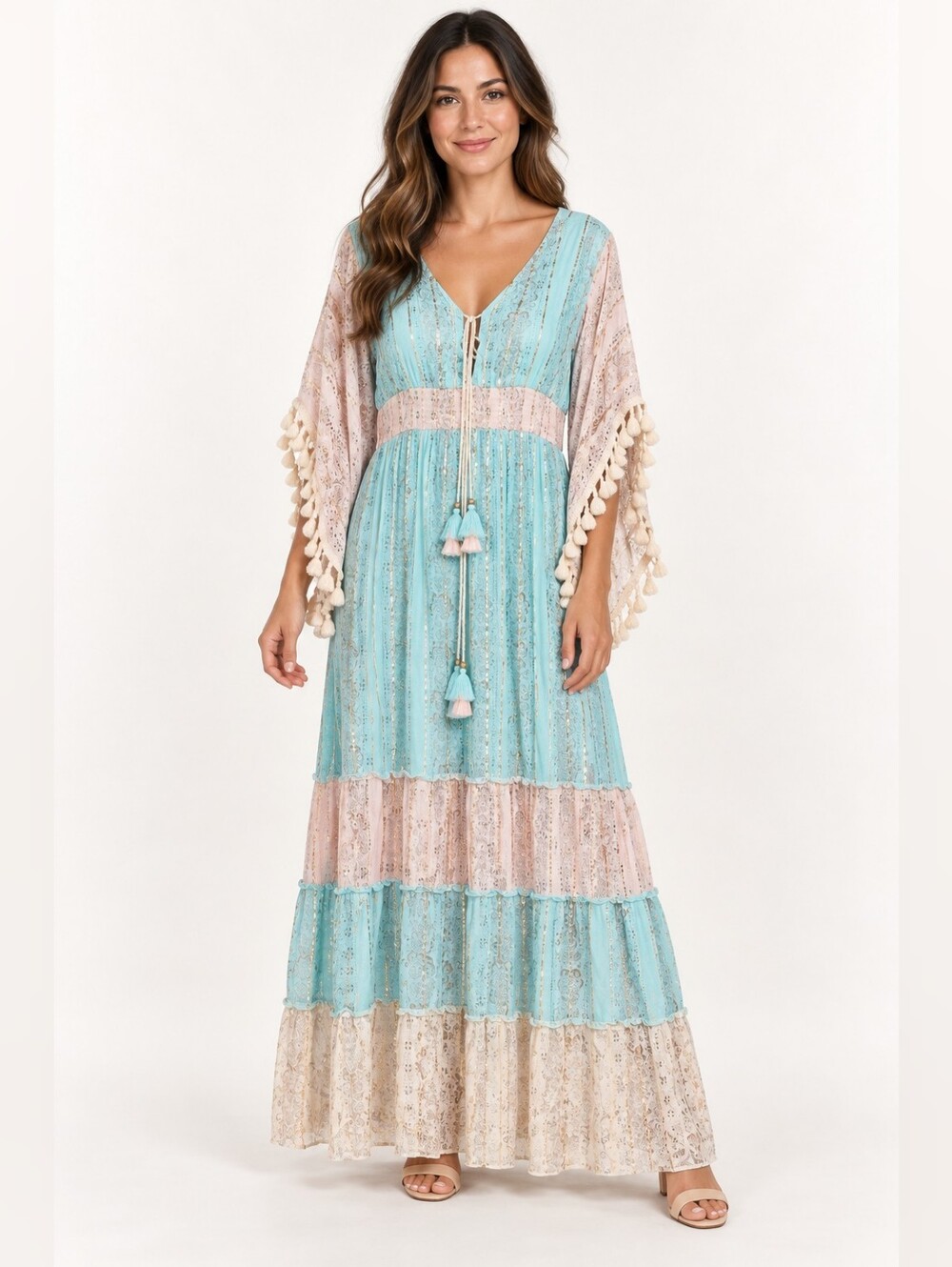 Me2Magic Boho Maxi Dress L Metallic Tassel Festival Pom Pom Fringe Whimsical